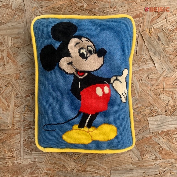 Vintage 70s Disney Mickey Mouse CrossStitch Embroidery Needlepoint Pillow
